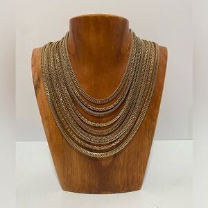 Vtg Signed Monet Multi 9 Strand Gold Tone Chain Link Cascading Bib Necklace